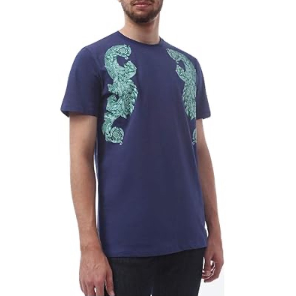 Versace Wavy Baroque Navy Blue Short Sleeve T-Shirt Size Small